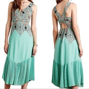 Anthropologie Maeve Canyon Creek Turquoise Printed Pleated Midi Dress - Sz 2